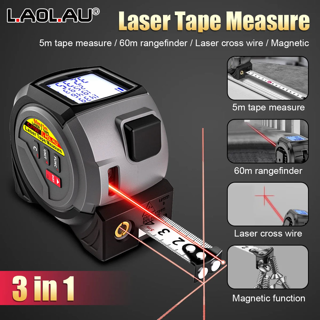3-In-1 Laser Rangefinder 5m Tape Measure 60M/196Ft / 40M/131Ft Handheld Laser Meter Measuring Tool Cross Line Laser Level BUCKLE