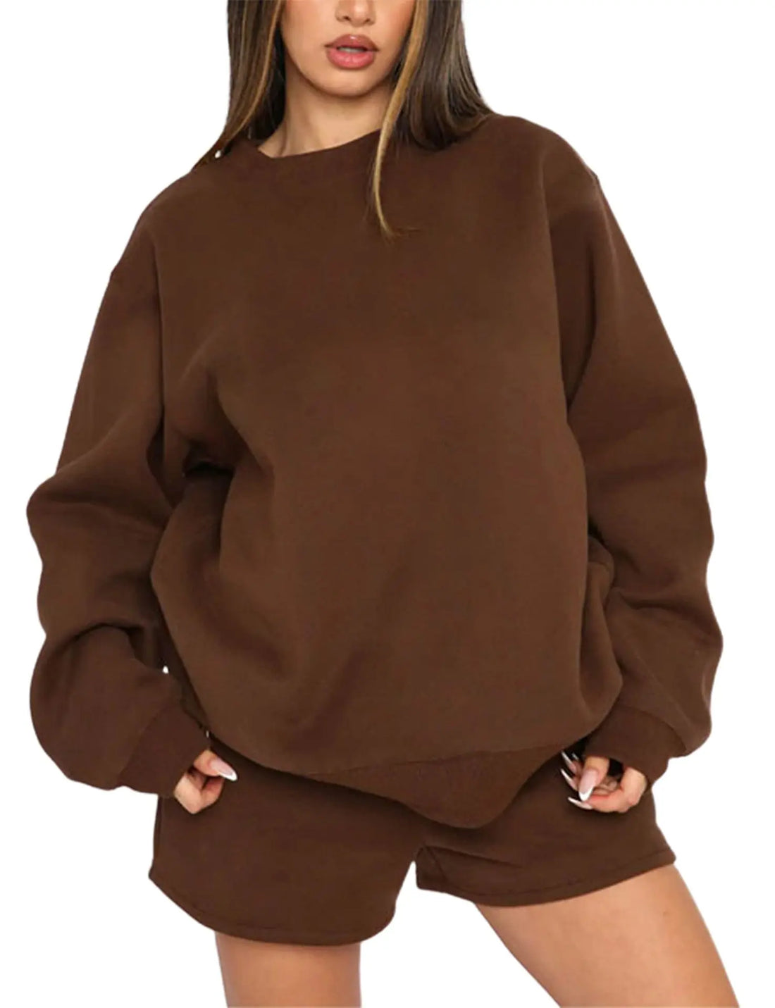 2025 Spring and Autumn Solid Color Pullover Long Sleeve Sweater Women's Fashion Casual Shorts Set