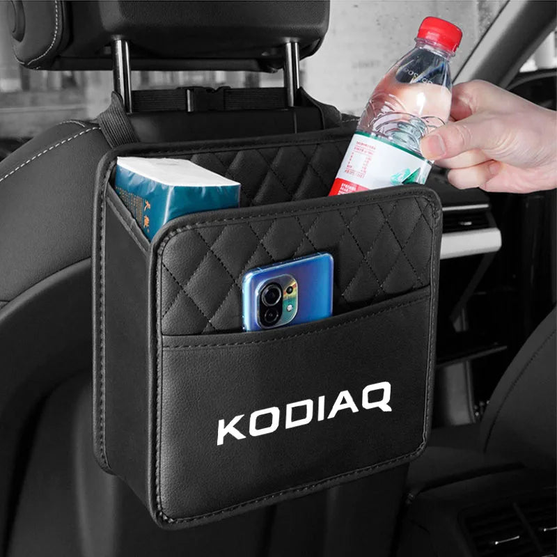 Car Seat Storage Bag PU Leather Box Storage Bag Phone Tissue Drink Purse Holder Stowing Tidying For Skoda Kodiaq Car Accessorie