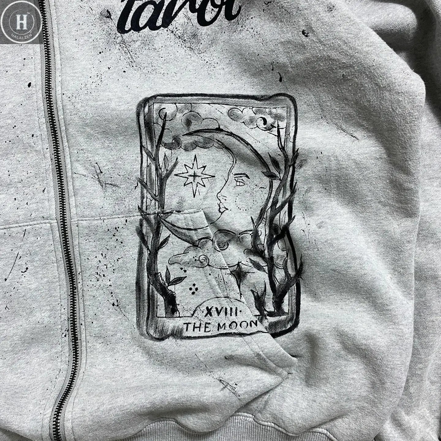 Mysterious tarot card printed hooded sweatshirt retro old splash ink Indonesian slogan trendy cardigan HALALZEN