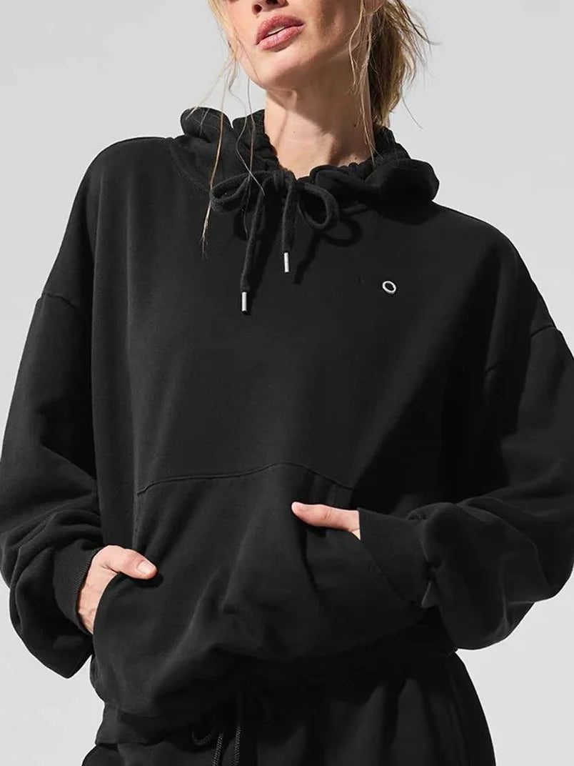 Autumn Drawstring Hoodie Women Loose Cotton Classic Letter Sweatshirt Fashion Casual Sports Solid Black Pullover Hoodies Women