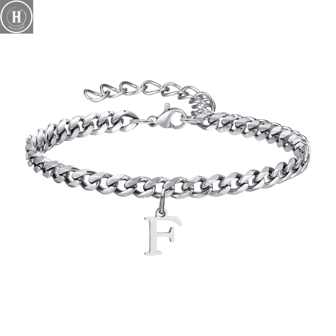 Mens Initials Cuban Links Bracelets,Stainless Steel A-Z 26 Letters Alphabet Charm Chain Wristband Adjustable,Casual Jewelry Gift HALALZEN