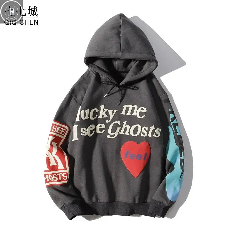 Kanye West Hoodies Jacket Men Graffiti Lucky Me I See Ghosts Sweatshirt Harajuku Fleece Street HipHop Pullover Bone Loose Hoodie HALALZEN