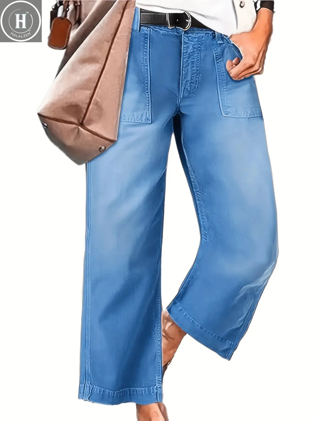 Women's wide leg jeans, mid waist casual straight leg business work pants Halalzen UK
