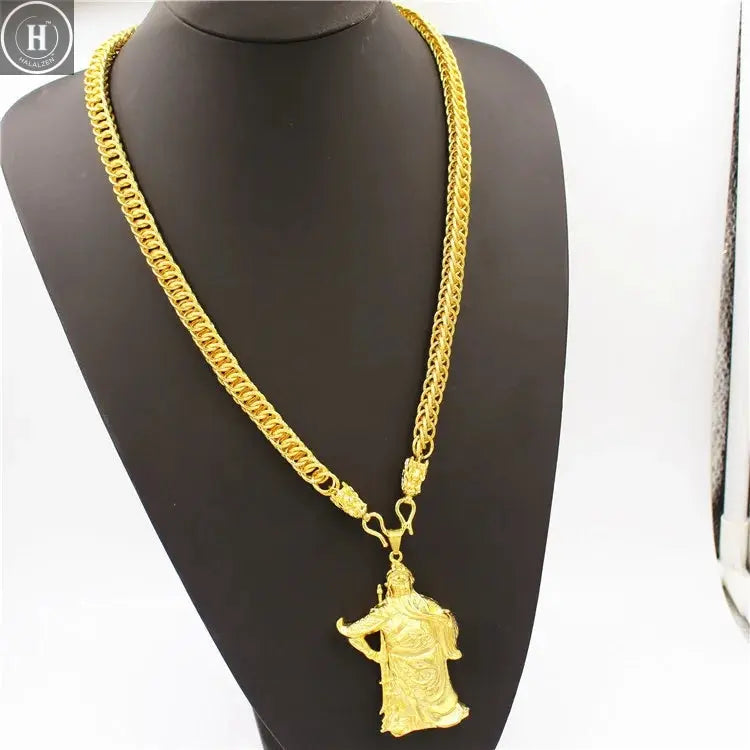 Luxurious 9999 24K real gold men's necklace Guan Gong Guanyin faucet pendant domineering fashion accessories HALALZEN