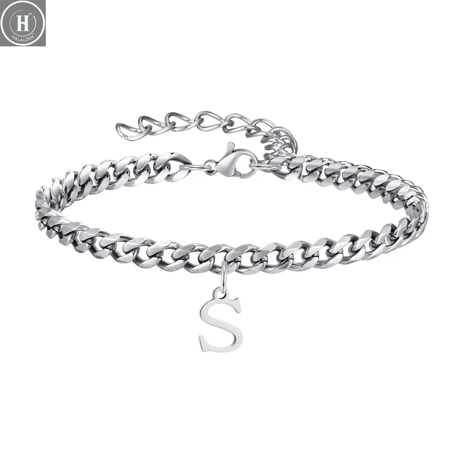Mens Initials Cuban Links Bracelets,Stainless Steel A-Z 26 Letters Alphabet Charm Chain Wristband Adjustable,Casual Jewelry Gift HALALZEN