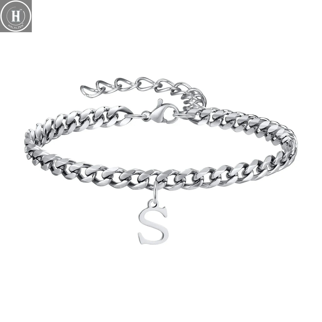 Mens Initials Cuban Links Bracelets,Stainless Steel A-Z 26 Letters Alphabet Charm Chain Wristband Adjustable,Casual Jewelry Gift HALALZEN