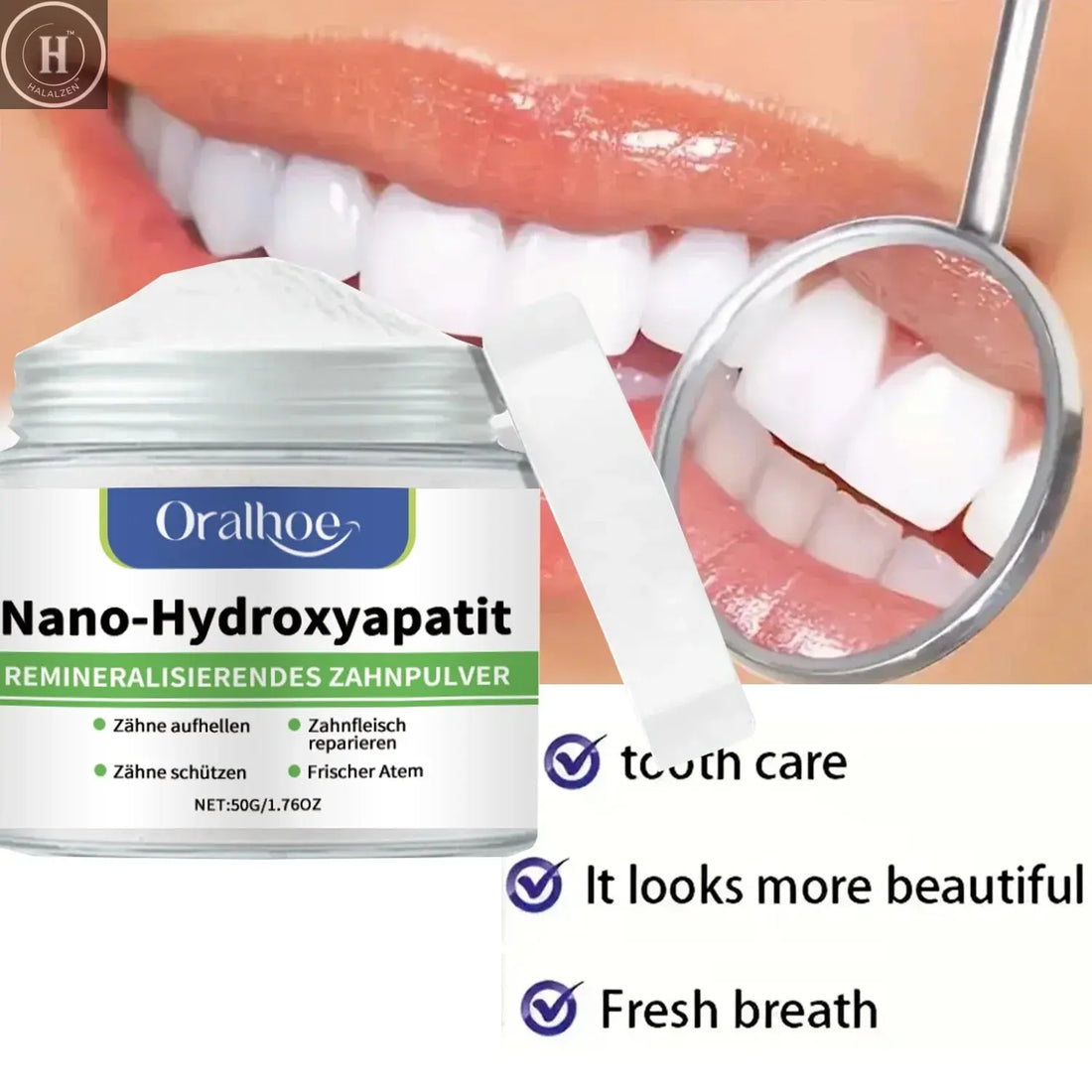 Winter Whitening Tooth Powder with 10% Hydroxyapatite - Remineralizing, Cool Mint, Enamel Repair & Fresh Breath HALALZEN