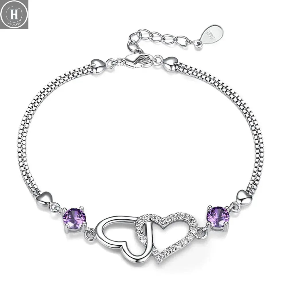 S925 Sterling Silver Bracelet Inlaid With Natural Amethyst Zircon Heart Lady Bracelet, Charm Jewelry Gift Wedding Jewelry HALALZEN
