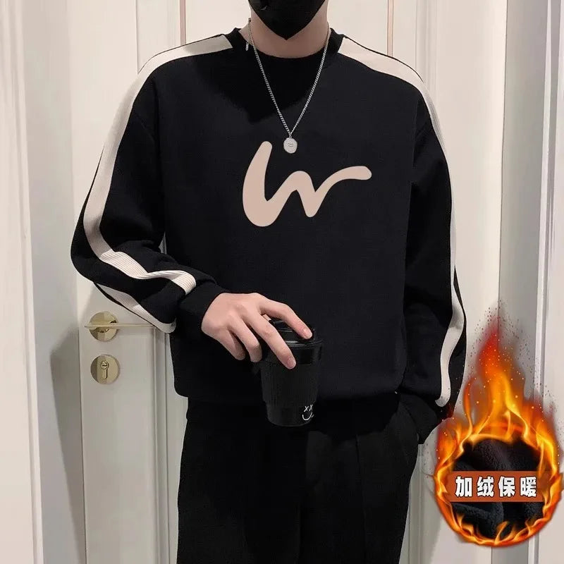 Round Neck Sweatshirt Spring Autumn Men's Autumn Velvet Bottoming Casual Long-sleeved T-shirt