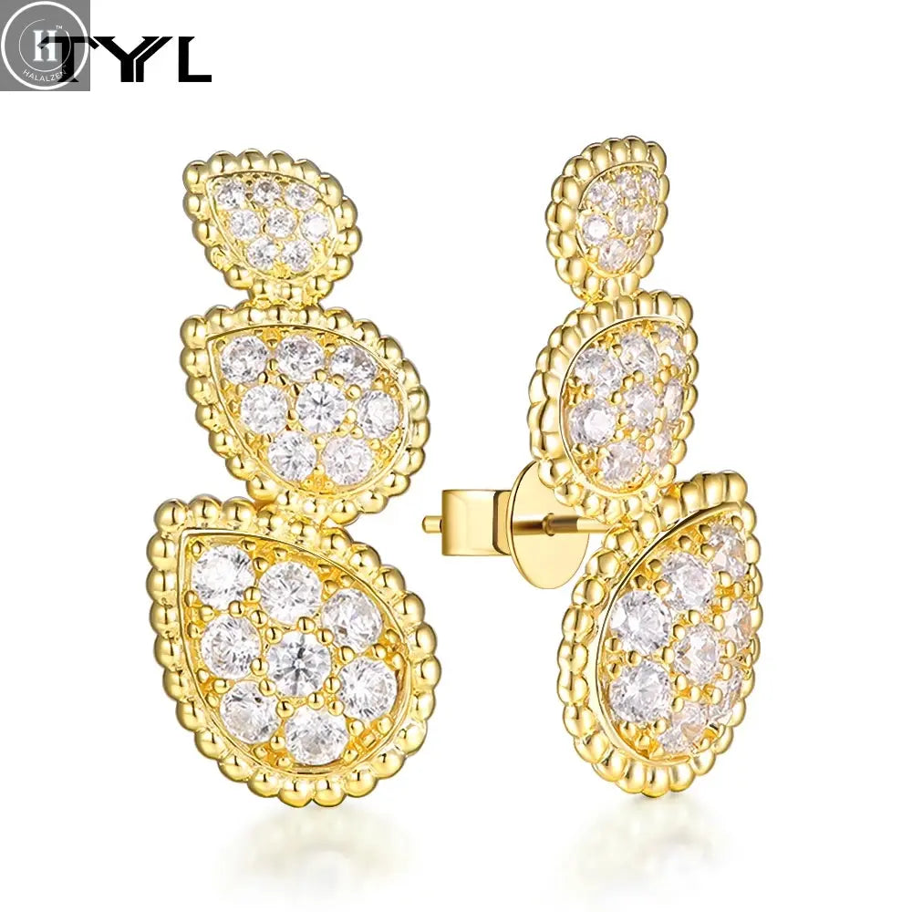 TYYL High Quality Classic 3 Water Drop Luxury Ear clip Drop Earrings Stud Party Wedding Long Earring Zircon Jewelry For Women HALALZEN