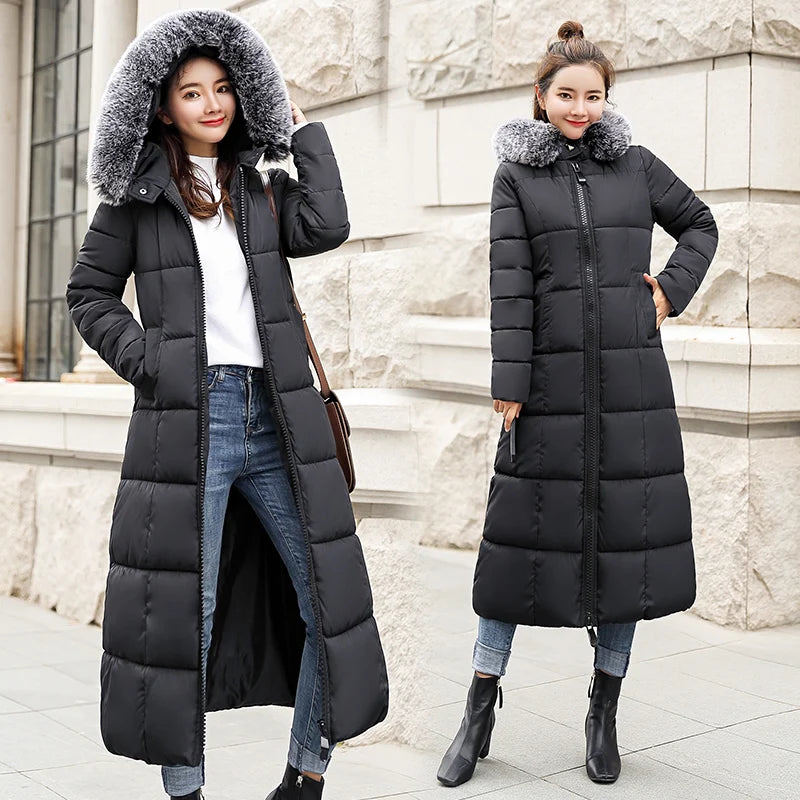 Fashion Warm Hooded Winter Coat Women Fur Collar Jacket Casual Bisic Coats Female Lady Lengthen Thickening Waterproof Slim Parka