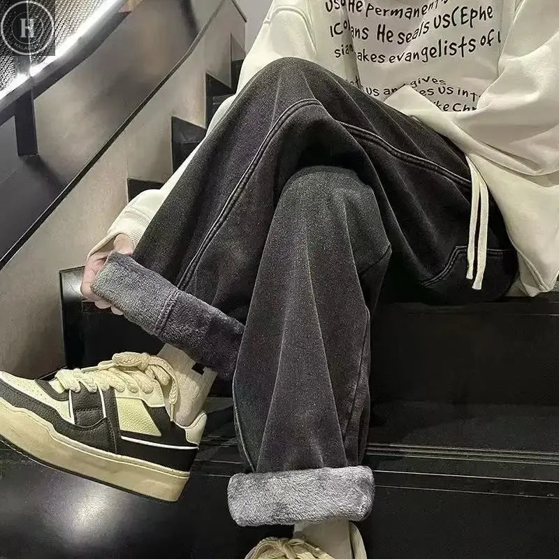 2026Men's Winter Fleece-Lined Jeans Thick Warm Brushed Denim Korean Style Straight Fit Insulated Trousers for Asians Sizes M-3XL Halalzen UK