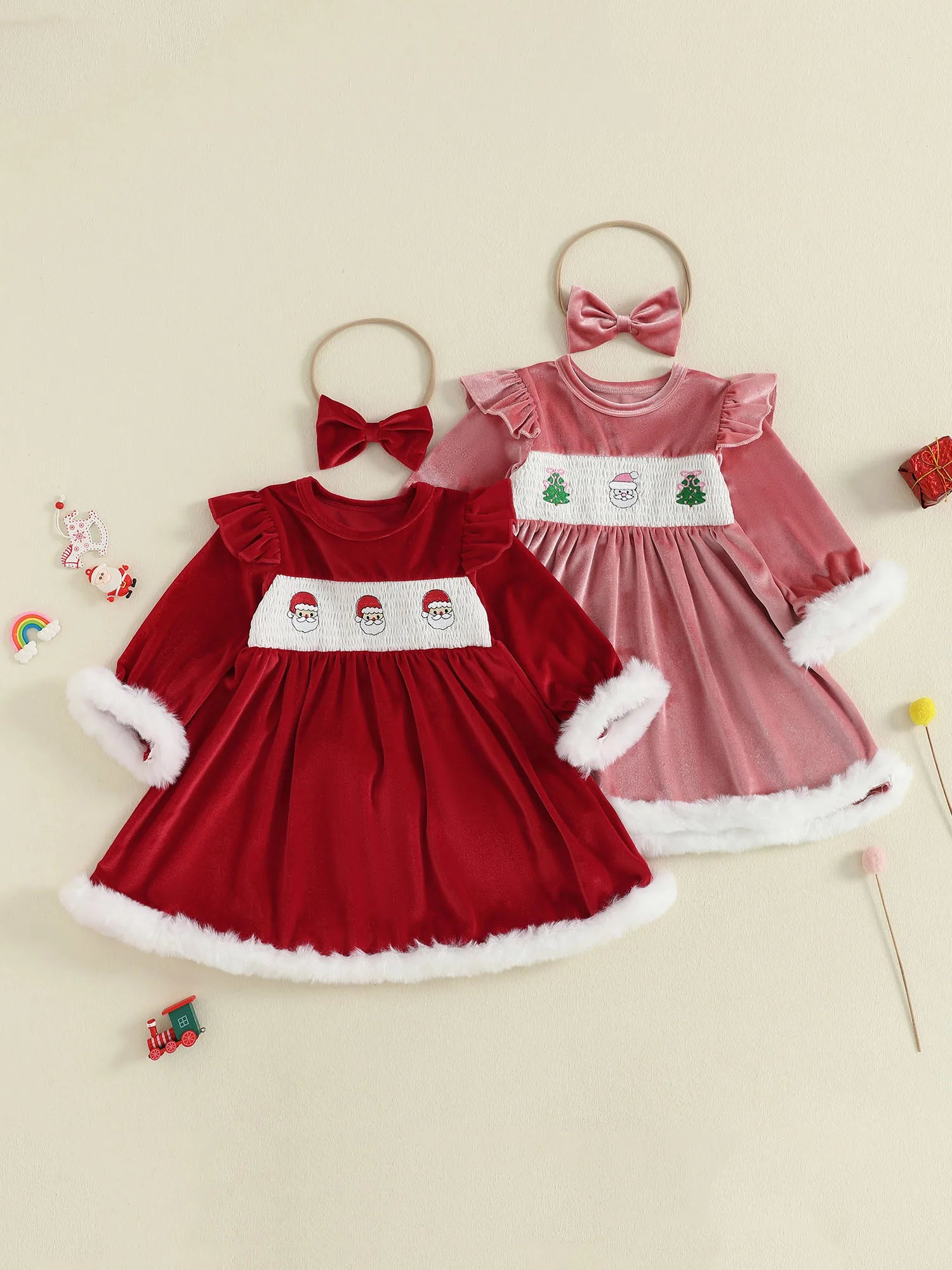 Christmas Toddler Girl Velvet Dress with Santa Claus Embroidery Round Neck Long Sleeves A Line Silhouette and Matching Bow