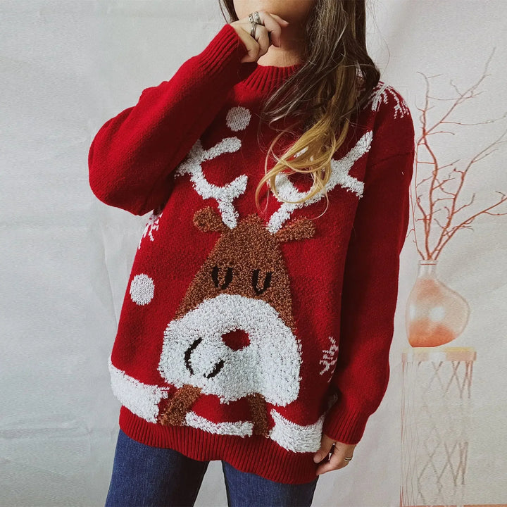 Sweater Women New Year Christmas Sweater Jumper O-Neck Fashion Casual Tops Thickened Raglan Sleeve Elk Christmas Tree Pullover