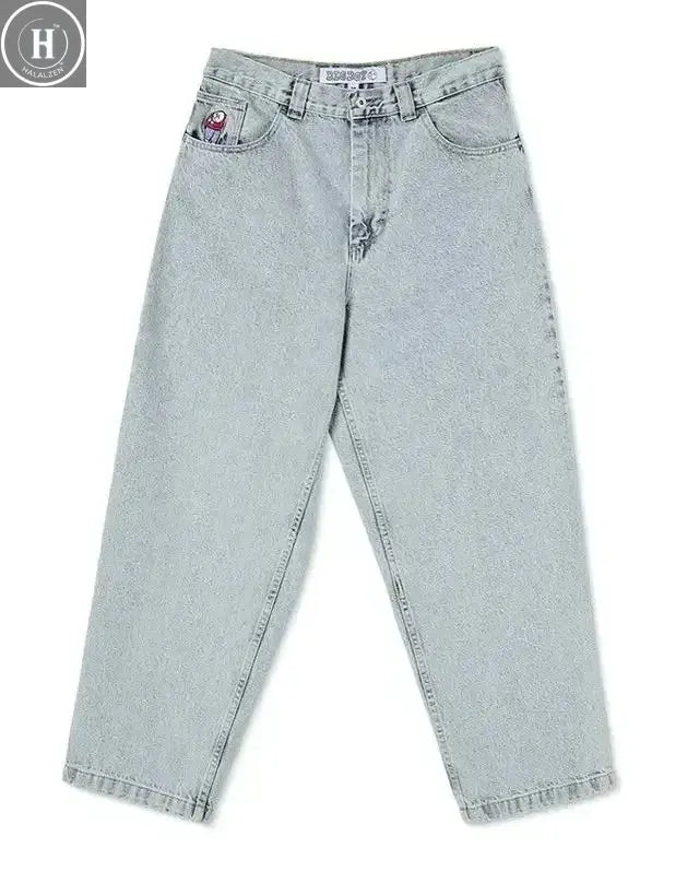 Hip Hop Retro Blue Cartoon Embroidery Jeans for men Gothic Baggy Streetwear Polar Big Boy Jeans Mens Fashion Wide Leg Trouser HALALZEN