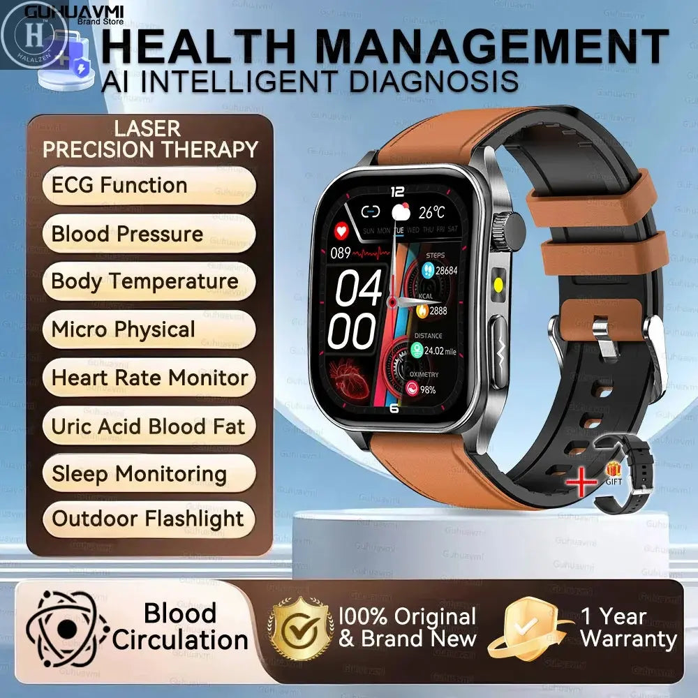 2026 New Health Smart Watch Laser Therapy Reduce Three Highs Blood Oxygen Pressure Uric Acid Blood Lipid ECG Smartwatch For Man HALALZEN