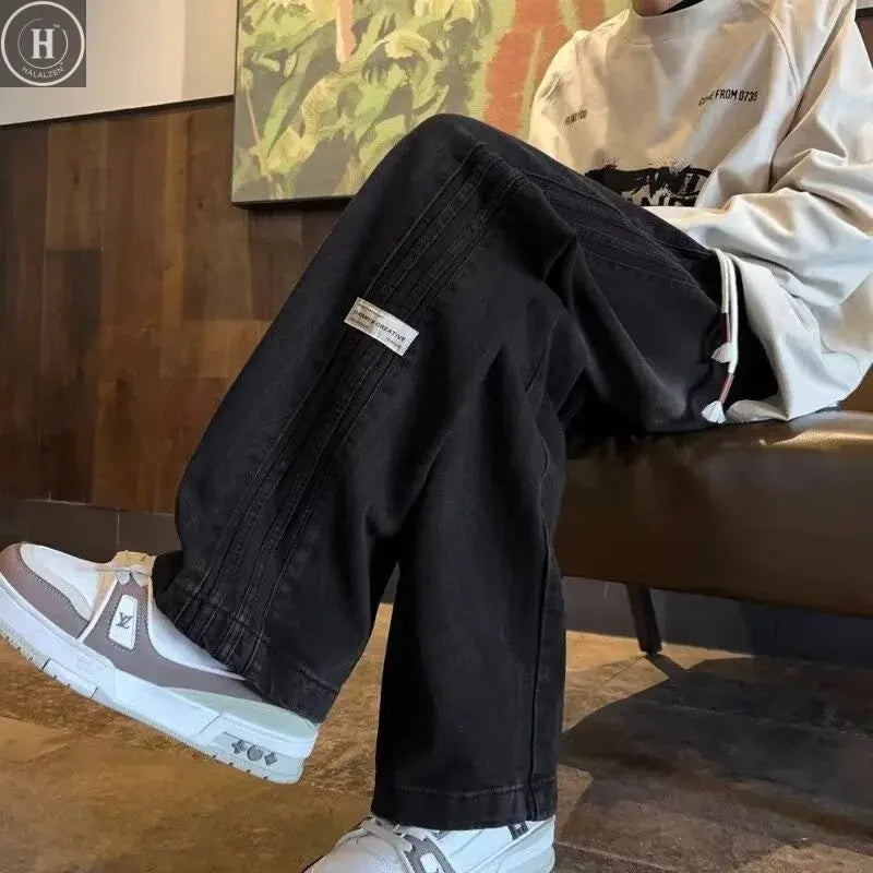 Three bar American retro jeans men's spring and autumn new style high street elastic waist loose casual men's straight leg long HALALZEN