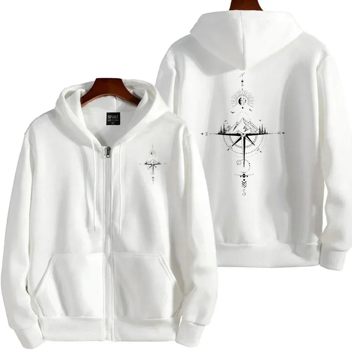 Zip Hoodies for Men Vintage Compass Print  Hooded Long Sleeve Pullover Winter Daily Casual Sports Tops Men's Clothes