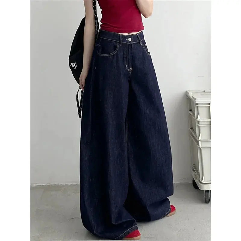 Blue Womens Jeans High Waist Vintage Straight Summer Y2K Classic Denim Pants Streetwear American Wide Leg Baggy Denim Trouser Halalzen UK