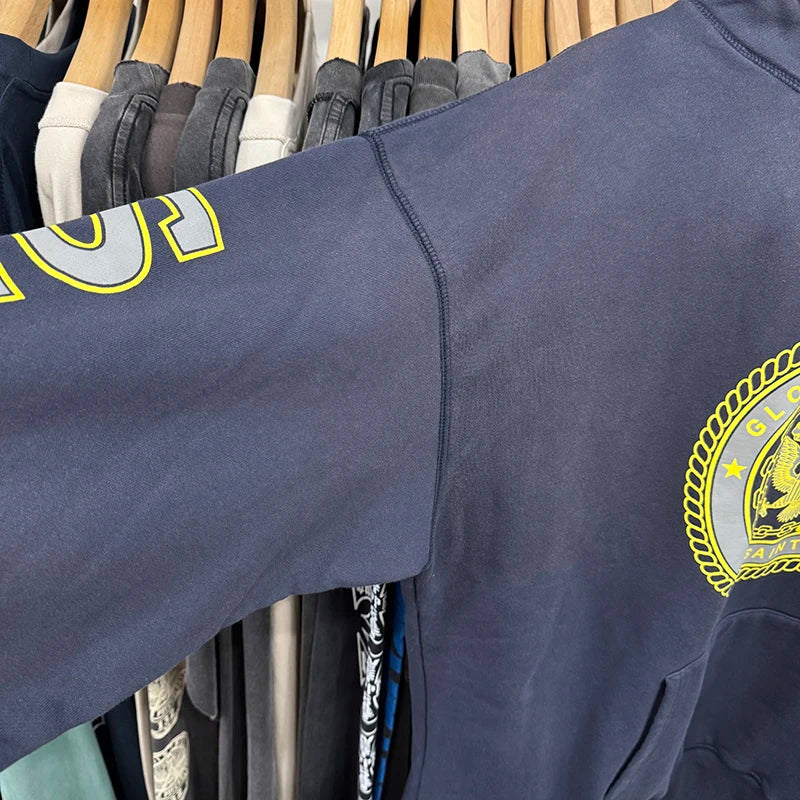 Retro Washed Saint High Quality Medal Print Blue Hoodies Pure Cotton Thicken Street Fashion Men Women Casual Suit