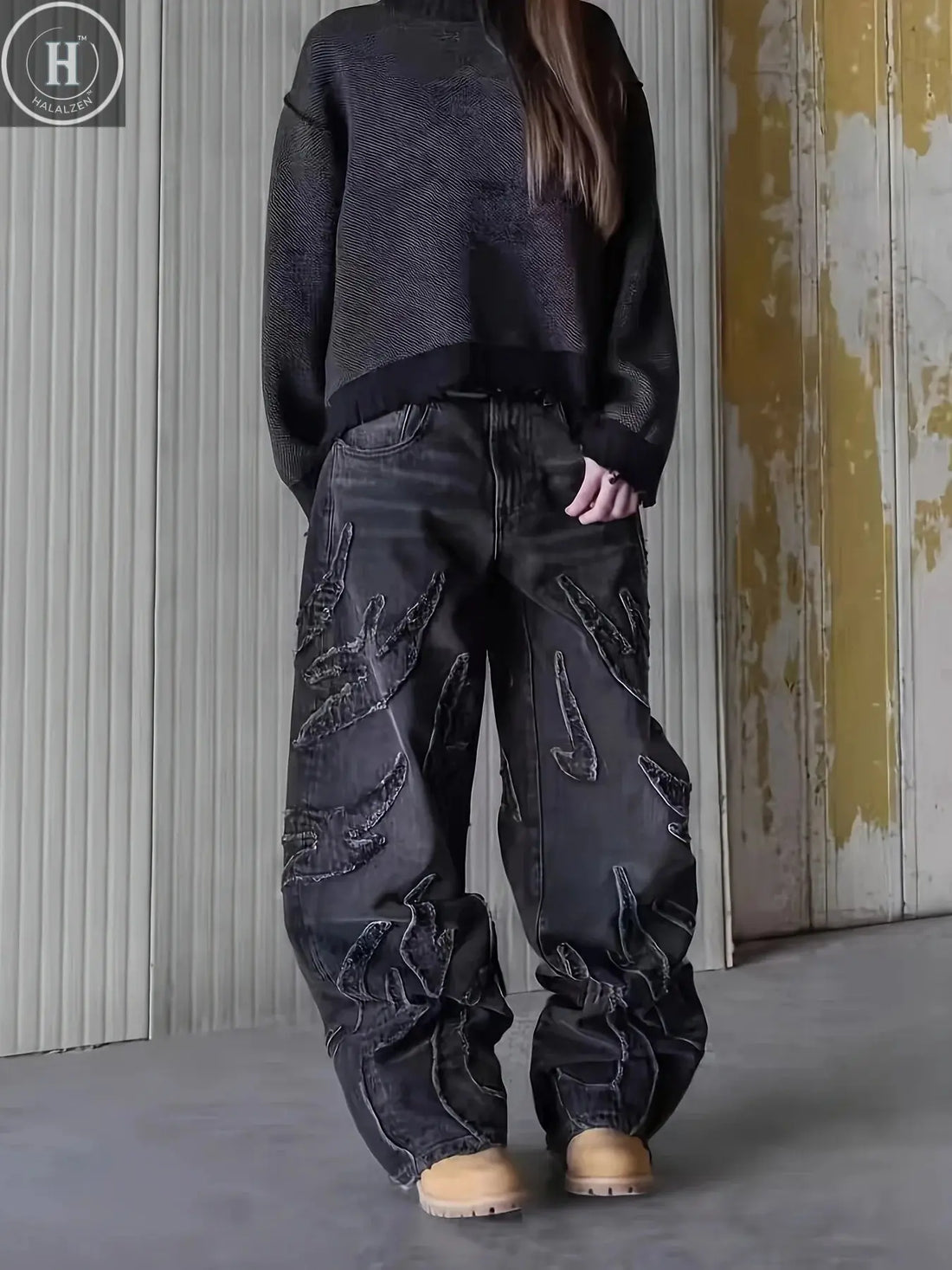 European and American Embroidered Street Graffiti Wide-Leg Jeans for Men, Loose Flame Vintage-Style Casual Trousers Halalzen UK