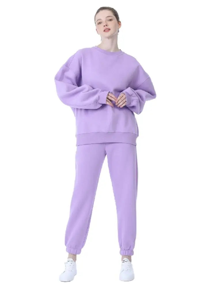 Women Winter Hoodie Sweatshirt Two Piece Sets  Fleece Tracksuit Oversized Pants Suit Autumn Female Casual Solid  Outfits