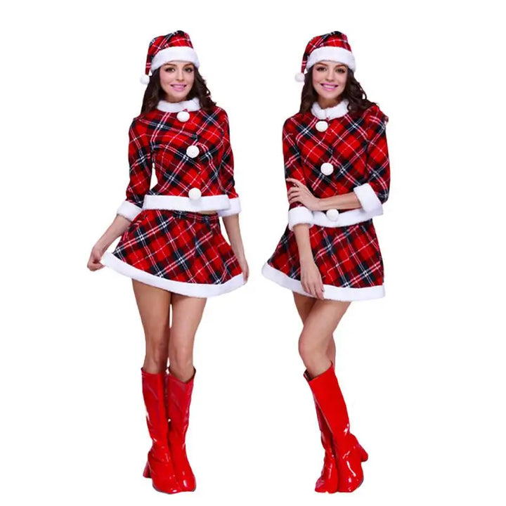 New Women's Santa Claus Costume Red Checkered Christmas Costume Student Uniforms for Evening Performance Costume Role Playing