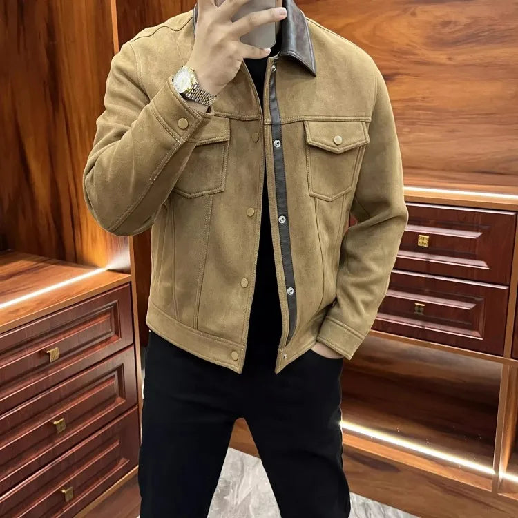 Business Men Slim Fit Autumn Faux Suede Leather Jacket Single Breasted Pu Leather Lapel Collar Coat Fashion Streetwear Outwear