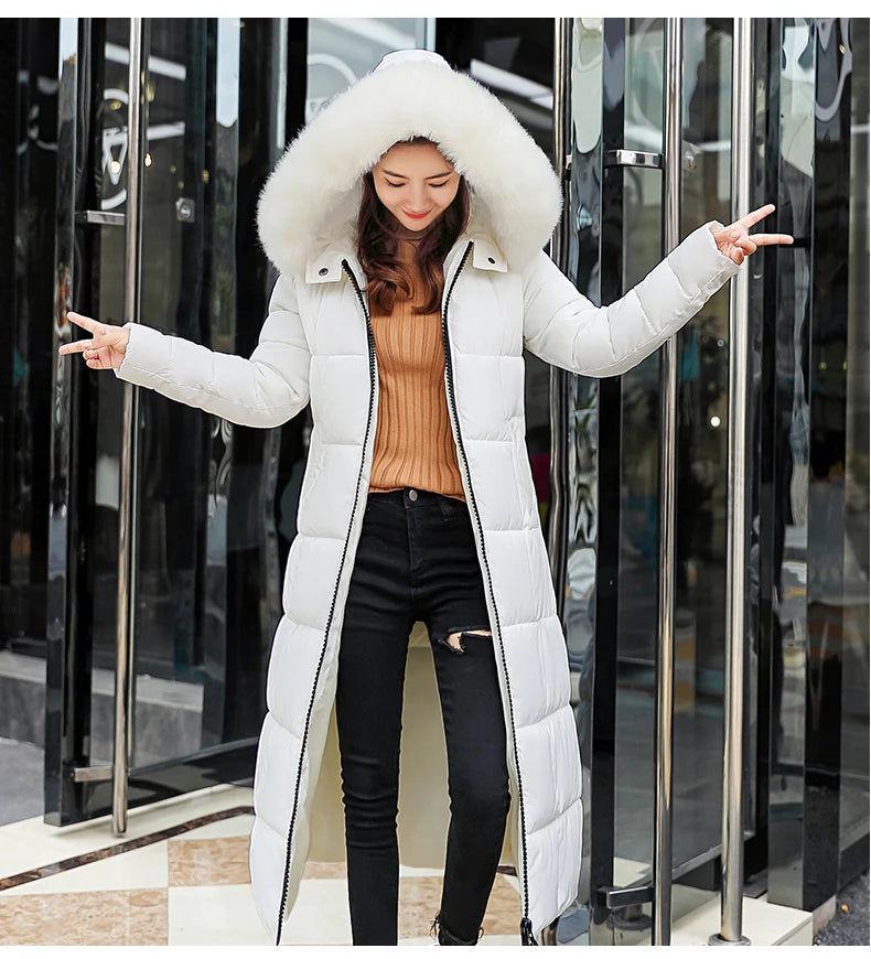 Fashion Warm Hooded Winter Coat Women Fur Collar Jacket Casual Bisic Coats Female Lady Lengthen Thickening Waterproof Slim Parka