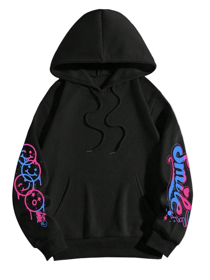 Happy Day Graffiti Print Women Hoodie Street Hip Hop Hoody Fashion Crewneck Versatile Hoodies Vintage Oversize Clothes Female