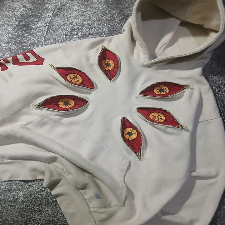 Gothic Punk Eye Shaped Patch Zipper Pockets Oversized Loose Vintage Tie Dye Hoodie Y2K Fashion Men Women Trend Casual Streetwear