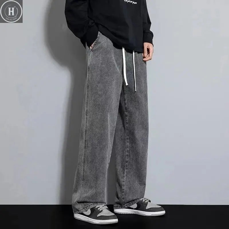 Korean Solid Colors Men's Casual Long Jeans Classic Man Four Seasons Straight Denim Wide-leg Pants Light Blue Grey Black 3XL Halalzen UK