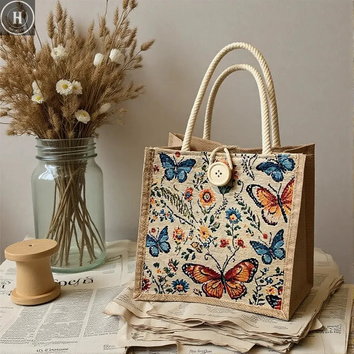 Fashion Linen Handbag Butterfly Printed Canvas Bag Casual Women Recycle Tote Portable Shopping Bag Student Lunch Food Bento Bag HALALZEN