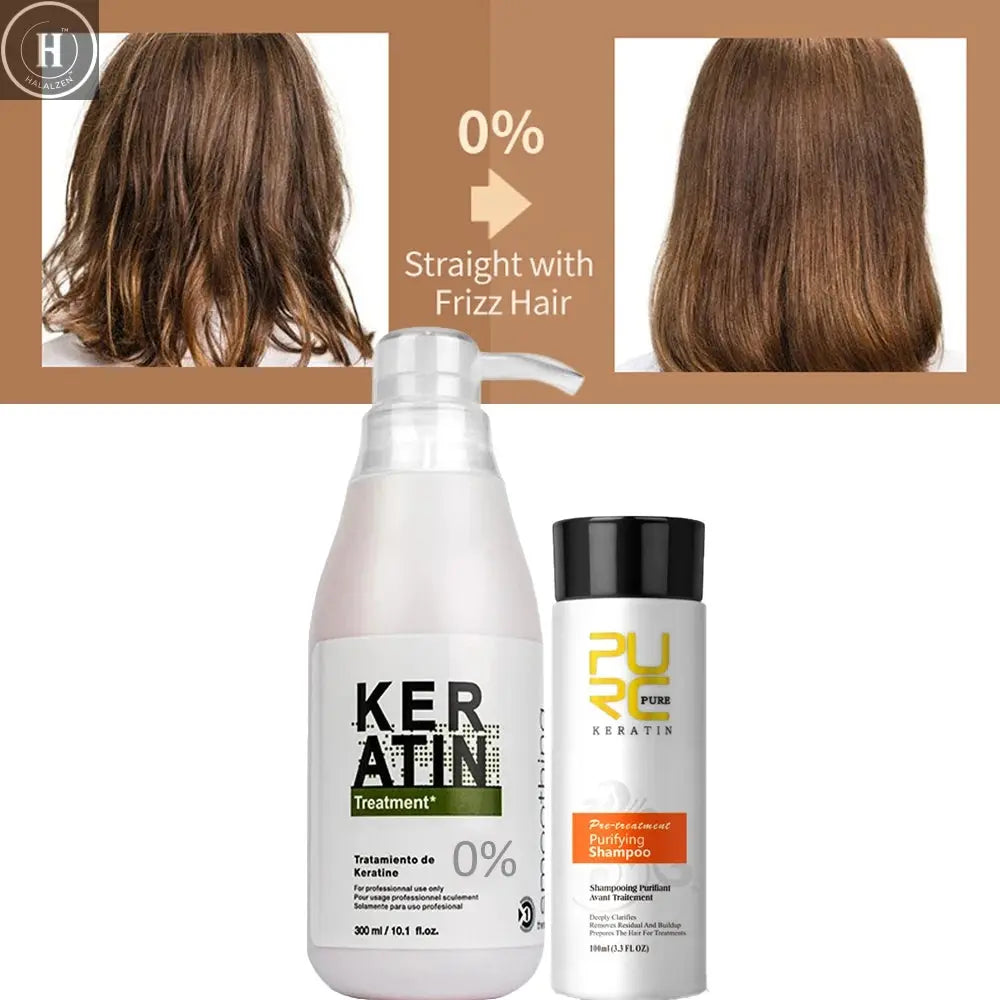 PURC 300ml Brazilian Keratin Hair Treatment & 100ml Purifying Shampoo Set Professional Straightening Repair Frizz Soft Hair Care HALALZEN