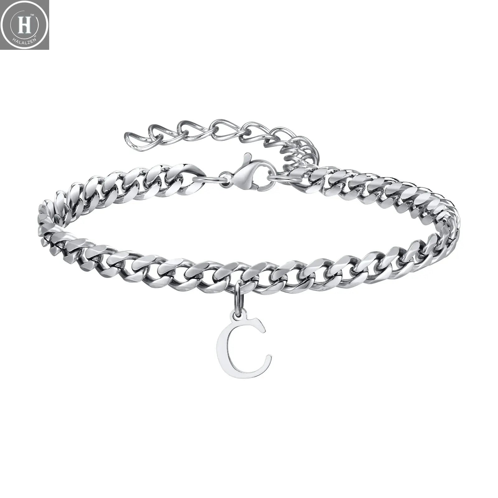 Mens Initials Cuban Links Bracelets,Stainless Steel A-Z 26 Letters Alphabet Charm Chain Wristband Adjustable,Casual Jewelry Gift HALALZEN