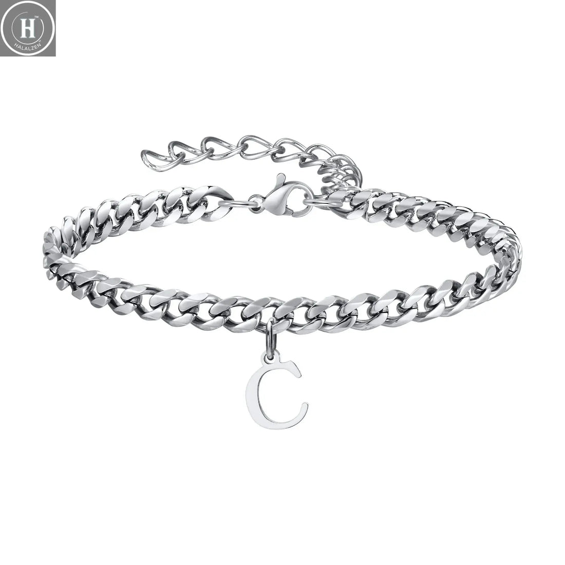 Mens Initials Cuban Links Bracelets,Stainless Steel A-Z 26 Letters Alphabet Charm Chain Wristband Adjustable,Casual Jewelry Gift HALALZEN