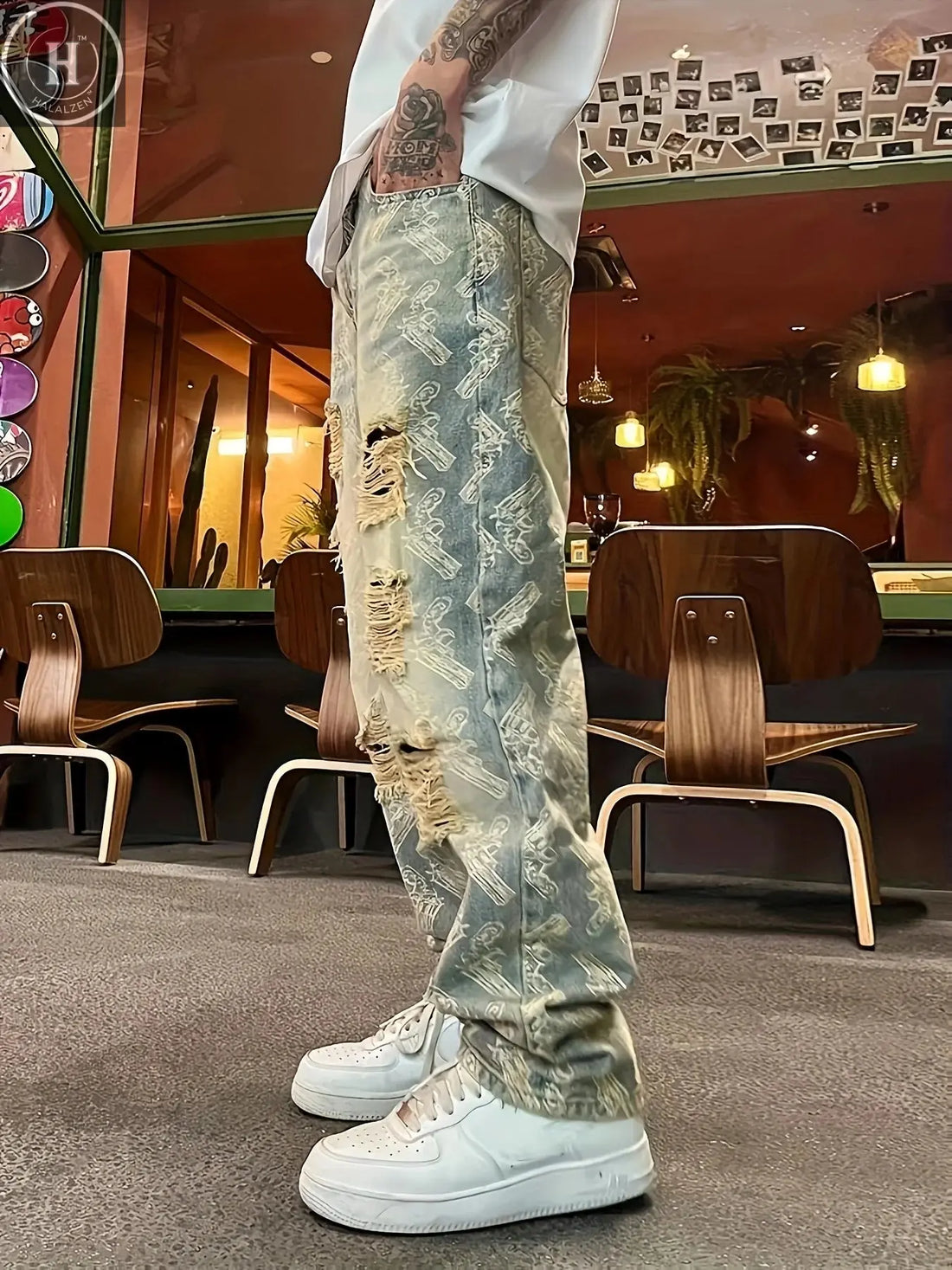 American-Style Street Washed Distressed Ripped Jeans for Men, Spring and Autumn Straight-Leg Loose European and American High Street Vibe Long Pants Halalzen UK