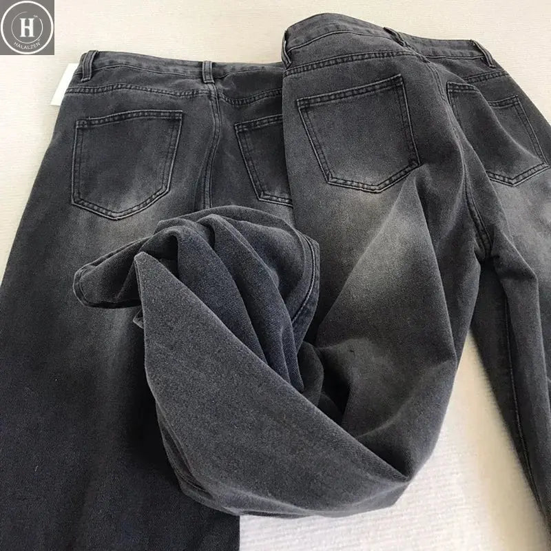 Lady Retro Black Gray High Waist Jeans Pants Women Fashion Straight Leg Denim Trousers Girls Loose Fit Thin Casual Pants Halalzen UK