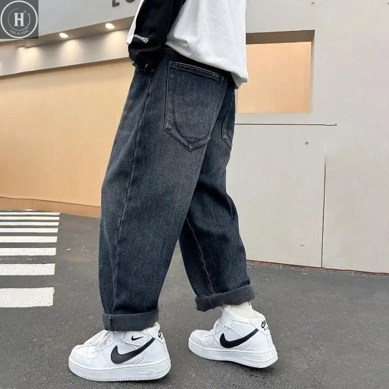 Kids Autumn Winter Fleece-lined Warm Denim Pants 5-14 Years Boys Fashion Letters Straight Loose Jeans Casual Sports Trousers HALALZEN