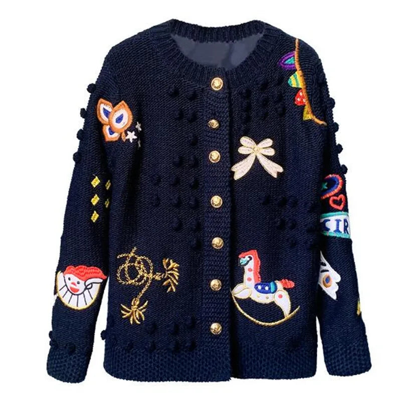 2026 Christmas Runway Designer Cartoon Embroidery Sweater Cardigan Women Long Sleeve Knitted coat Female autumn winter Clothes