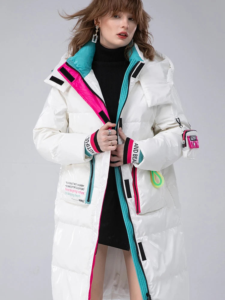 Winter Clothing Glossy Waterproof Coat Women Long 90% White Duck Down Coat Thick  Loose Outerwear Warm Down Jacket Hooded Parkas