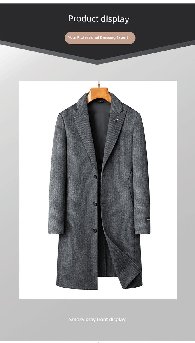 Pierre Cardin Hand-Stitched Wool Reversible Woolen Coat Closure Collar Casual Stripes Long Trench Coat Men