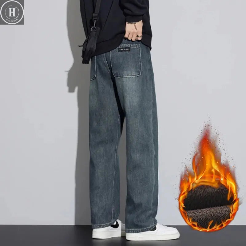 Men's Winter Thick Fleece Lined Jeans Fashion Loose Straight Wide Leg Denim Pants Warm Casual Baggy Male Trousers Streetwear Halalzen UK