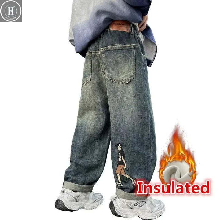 Big Boy Winter Insulated Cartoon Jeans For Kids Teenager Fleece Lined Denim Pants Children Wide Leg Thermal Jeans Trousers 5-14Y HALALZEN