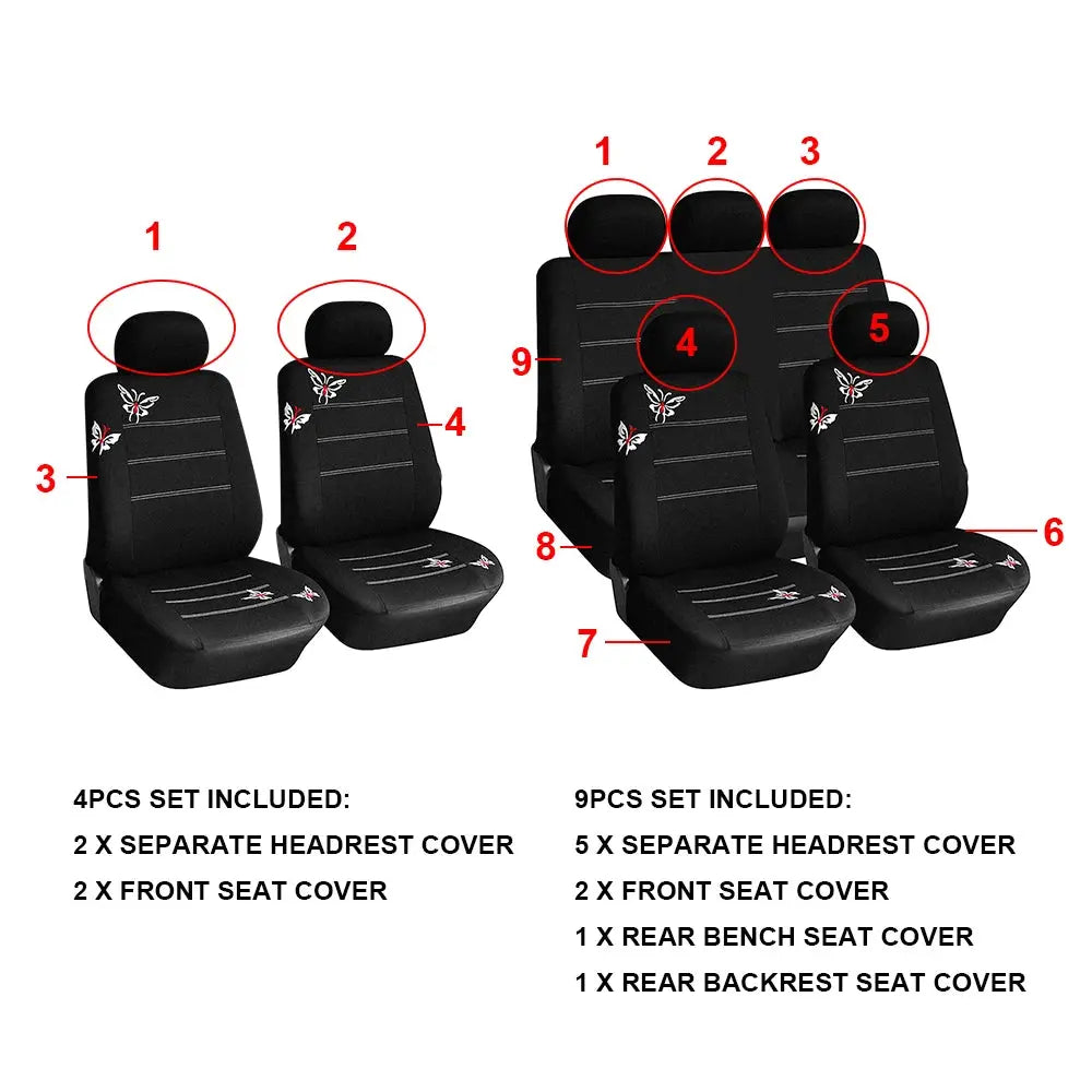 Butterfly Embroidery 4/9Pcs Set Car Covers Mat Protect Front Rear Car Seat Covers Set Car Seat Protector Cushion HALALZEN