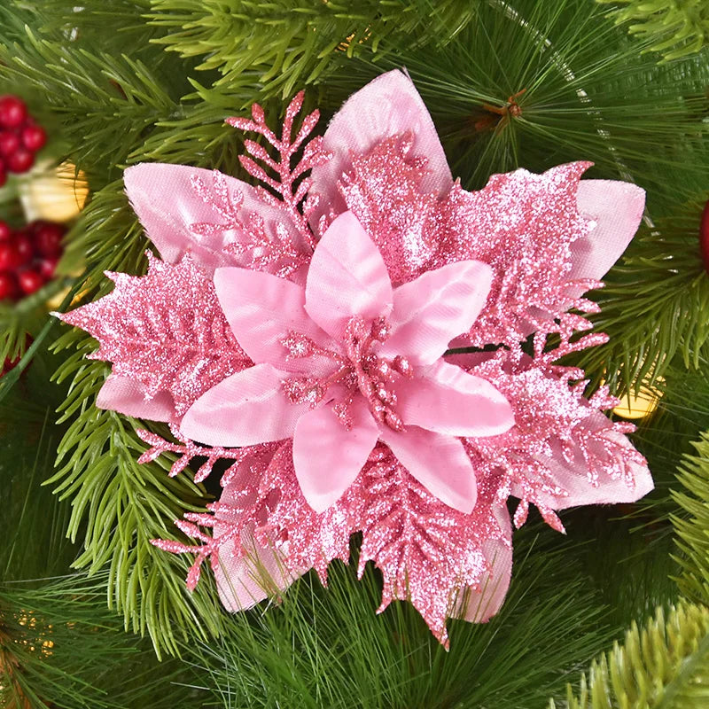 5/10Pcs 14cm Glitter Artificial Christmas Flowers Xmas Tree Ornaments Merry Christmas Decorations for Home New Year Gift Navidad