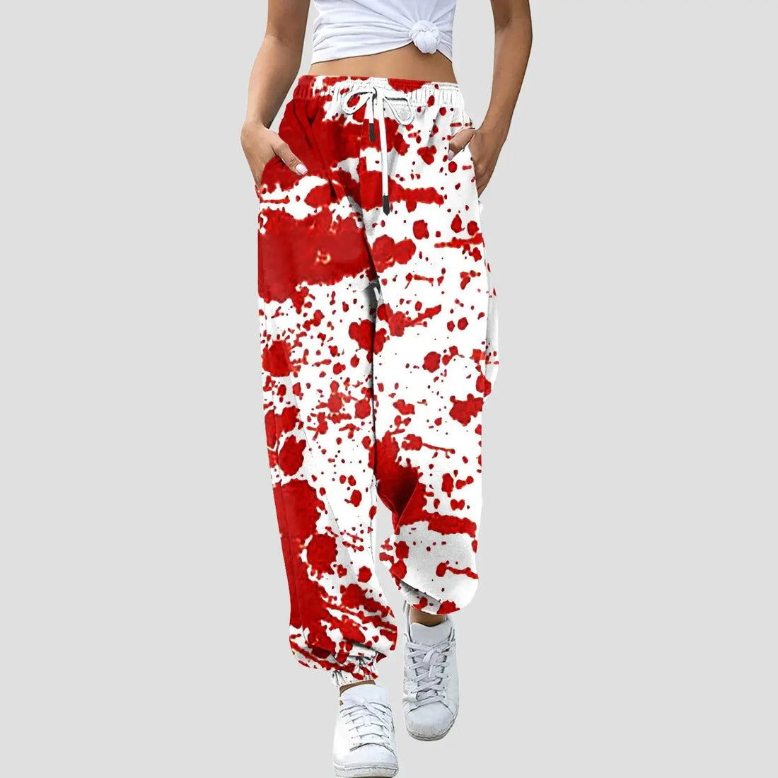 Women Halloween Blood Print Pants Bottom Sweatpants Drawstring Pockets High Waist Sporty Gym Athletic Fit Jogger Pants Trousers Halalzen UK