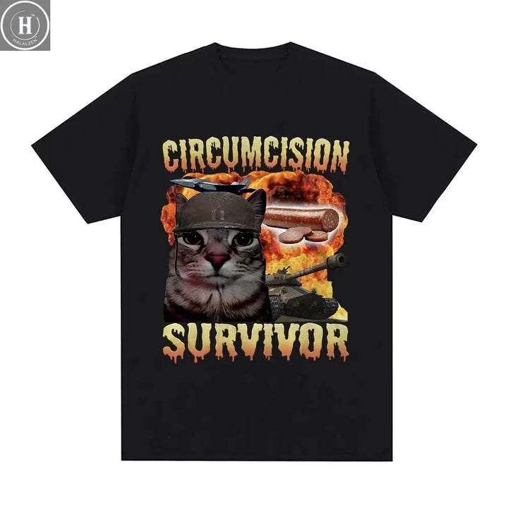Circumcision Survivor Funny Cat Meme T Shirt Men Women Vintage T-shirts Casual Cotton Short Sleeve Oversized T-shirts Streetwear HALALZEN