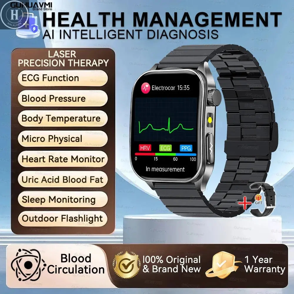 2026 New Health Smart Watch Laser Therapy Reduce Three Highs Blood Oxygen Pressure Uric Acid Blood Lipid ECG Smartwatch For Man HALALZEN